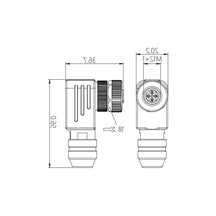 M12 5Pin、母头90°、螺钉连接、金属屏蔽、64F561 